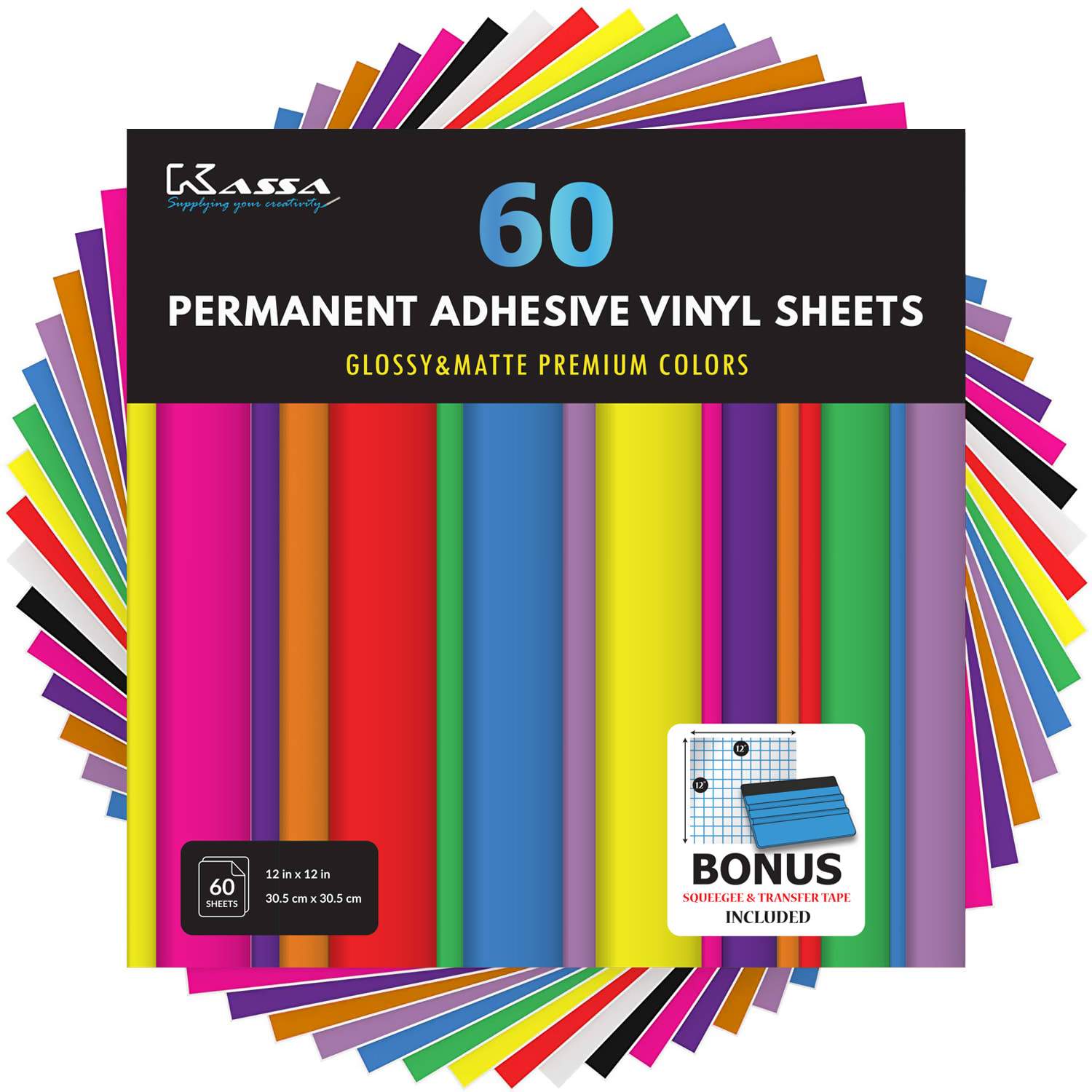 Kassa kassa permanent vinyl sheets: 60 sheets in 10 colors (12 x 12),  complete with squeegee for easy application and compatible wi
