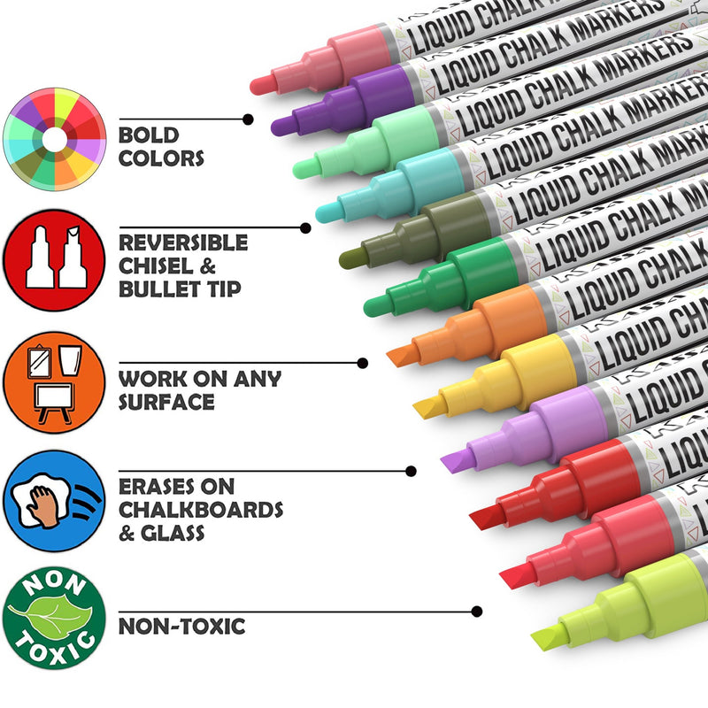 Pastel Chalk Markers - Pack of 12 - 6mm Tip Chalk Markers Kassa 