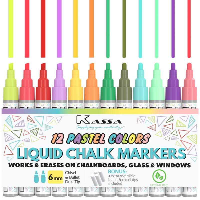 Pastel Chalk Markers - Pack of 12 - 6mm Tip Chalk Markers Kassa 